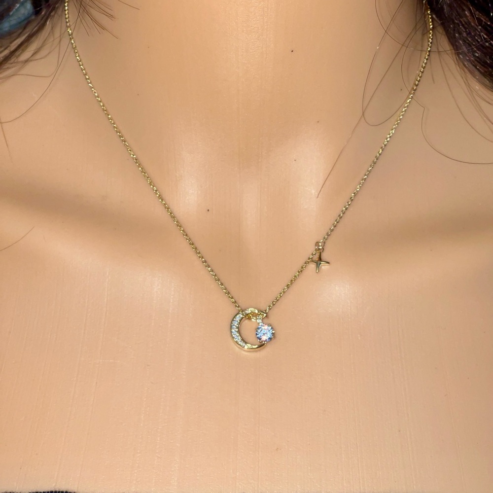 Aurora Gold Crescent Moon and Star Necklace Gold Plating 17.5”